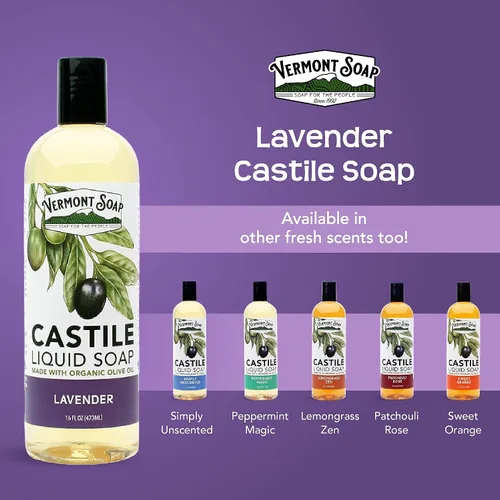 Vista 7 de Vermont Castile Jabón Lavanda, jabón líquido suave para pieles sensibles y gel de baño natural, champú orgánico para cabello graso, aloe castilla