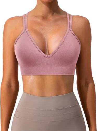 Vista 2 de Brasier deportivo para mujer, con cuello en V, tirantes cruzados, brasier de yoga acolchado, soporte medio, entrenamiento, gimnasio, atlético