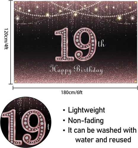 Vista 2 de HAMIGAR Fondo de pancarta de feliz cumpleaños 19 de 6 x 4 pies, decoraciones de cumpleaños de 19 años, suministros de fiesta para mujeres, oro rosa