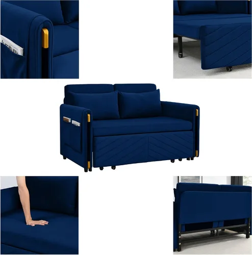 Vista 2 de Sofá cama de terciopelo de 54 pulgadas con cama desplegable, convertible, moderno, ajustable y multiposición con 2 bolsillos desmontables
