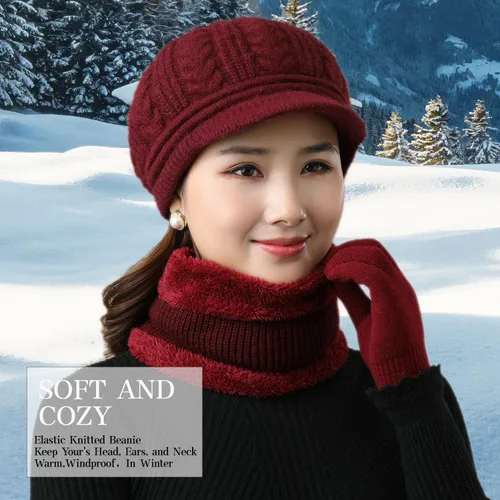 Vista 2 de Gorro de invierno para mujer, con forro polar, cálido, tejido, holgado, con visera