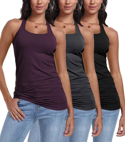 Vista 19 de Paquete de 3 camisetas sin mangas con espalda cruzada para mujer Negro+blanco+rosa