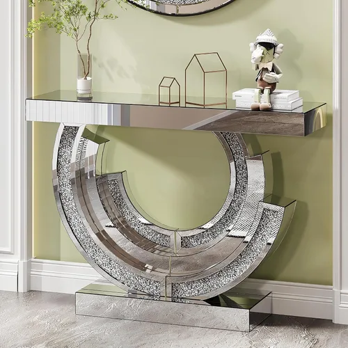 Vista 13 de Mesa Consola Negra con Espejo, Mesa de Sofá de Cristal Rectangular de 48 pulgadas con Elementos Tallados Vintage con Espejo, Muebles de Espejo