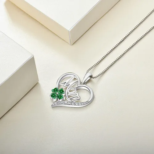 Vista 5 de YL Collar de corazón para mamá de plata de ley con colgante de trébol de amor, joyería para mujer