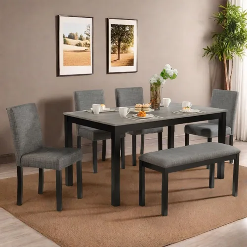 Vista 5 de Juego de mesa de comedor Trygoal para 5, juego moderno de 6 piezas para comedor con mesa rectangular, 4 sillas tapizadas con respaldo y un banco