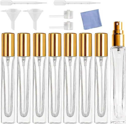 Vista 7 de 8 botellas de perfume de 0.3 fl oz, botellas de spray de vidrio rellenables, mini botella de vidrio cuadrada portátil de viaje, pequeña botella