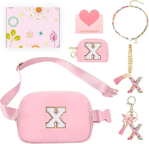 Vista 43 de Regalos de moda para niñas adolescentes, cangurera con monograma para niña con llavero, collar, dijes de taza, tarjeta de felicitación y caja