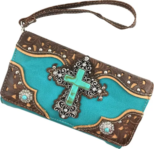 Vista 2 de Justin West Tooled - Bolso de mano de piel con diamantes de imitación, corte láser, color turquesa