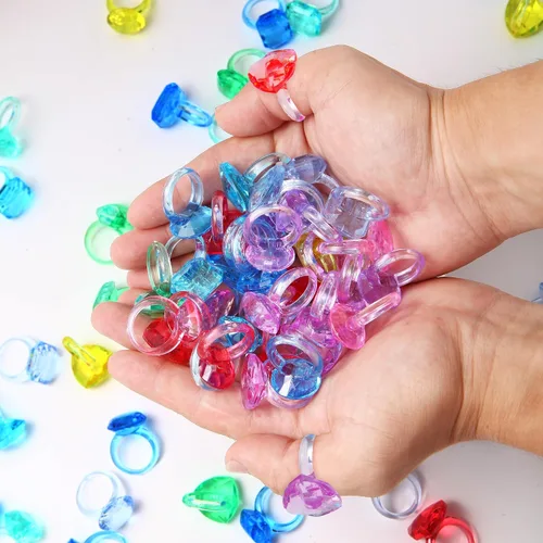 Vista 5 de 100 anillos de gemas para niños, juguetes a granel, anillos de diamantes para fiestas para niños y niñas, accesorios de vestir coloridos