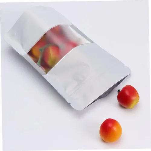 Vista 5 de 100 bolsas aluminizadas con cremallera con ventana transparente, bolsas selladas para alimentos blancos para almacenamiento para frutos secos, té