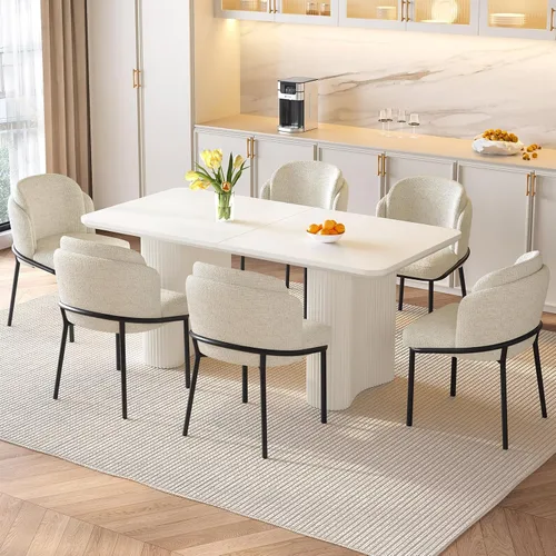 Vista 13 de Mesa de Comedor Rectangular de 63" con 6 Sillas, Mesa de Cocina Moderna Blanca con Juego de Sillas para Sala de Estar, Comedor y Cocina Blanco-A