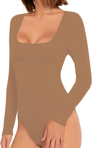Vista 2 de Allchic Body básico de manga larga con cuello redondo para mujer