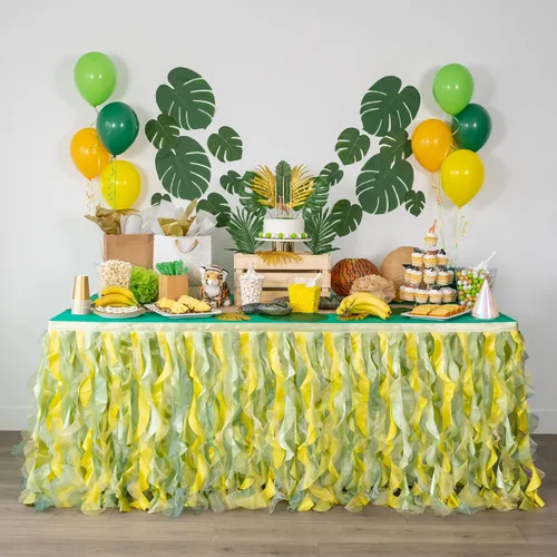 Vista 13 de Falda de mesa tutú azul. Falda de mesa de 6 pies con sauces de organza de doble capa para decoraciones bajo el mar, decoración de primer cumpleaños