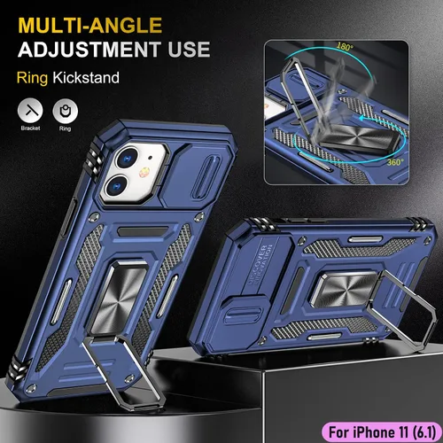 Vista 5 de Funda resistente para Apple iPhone 11, protección híbrida de goma de doble capa de grado militar con protector de cámara deslizante, soporte Azul