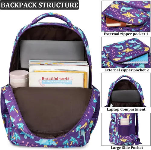 Vista 2 de JIANYA Mochila escolar para niños y niñas Dinosaurio/Púrpura