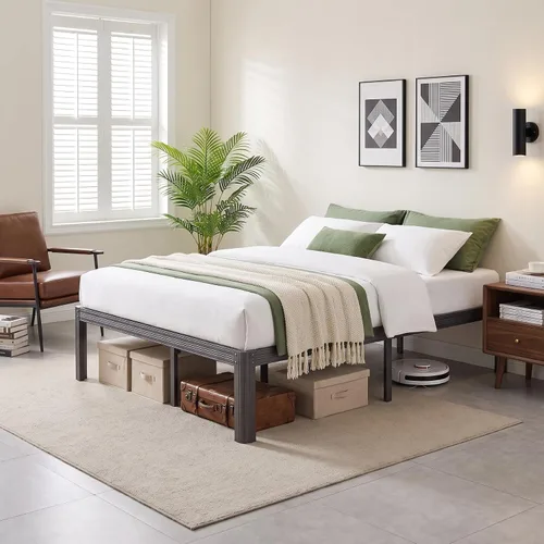 Vista 15 de Marco de cama de plataforma de metal doble de 14 pulgadas con Resistente, no necesita somier, sin ruido, fácil montaje, estilo contemporáneo, negro