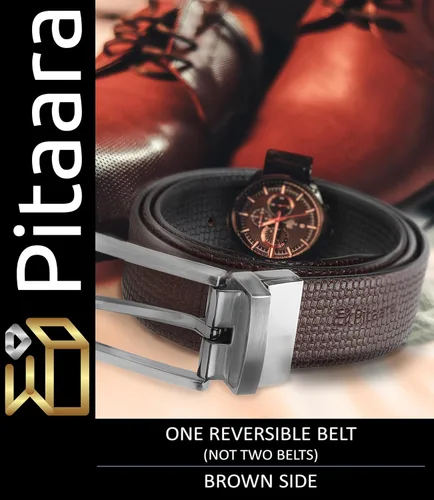 Vista 6 de Pitaara Cinturón reversible de cuero genuino para hombres, patrón de impresión de caja (negromarrón)