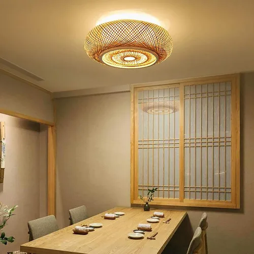 Vista 2 de Lámpara moderna de 3 luces, lámpara de interior, lámpara de techo vintage de bambú, lámpara colgante de linterna de ratán para cocina, comedor