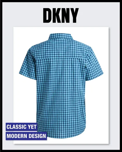 Vista 6 de DKNY Camisa de vestir clásica de manga corta con botones para niño, para la escuela, vacaciones y vacaciones (tallas 4-20)