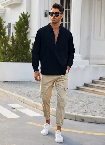 Vista 5 de Uiriuy Camisas Guayabera de lino con botones y manga larga para hombre