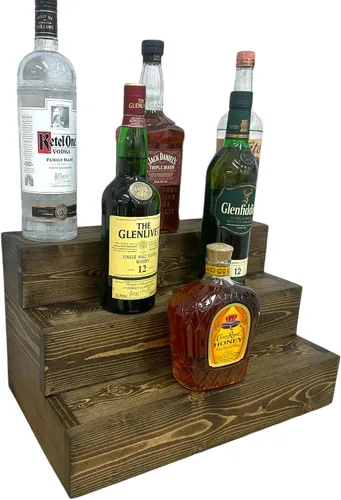 Vista 8 de Estantería de exhibición escalonada hecha a mano, exhibición de barra de tres niveles, organizador de barra, exhibición de botellas de licor