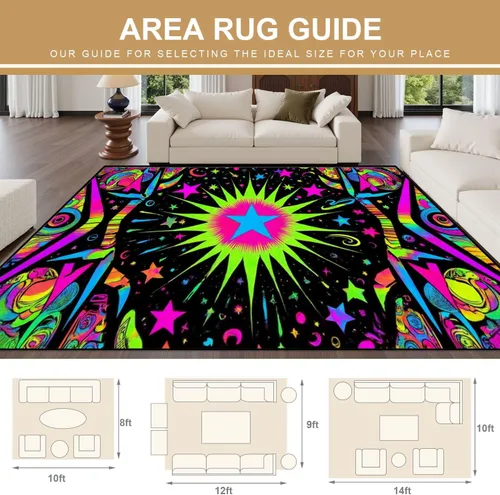 Vista 2 de Alfombra lavable de 8 x 10 pies para sala de estar, grande, suave, luz negra, sol, neón, reactiva a los rayos UV, luna celestial, estrella, planeta