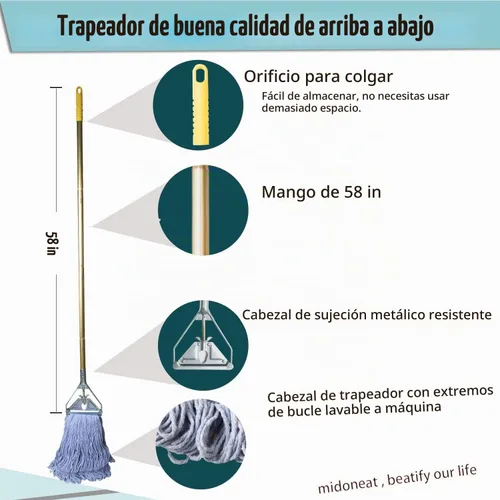 Vista 2 de Midoneat Trapeador industrial comercial resistente con 2 cabezales grandes de repuesto
