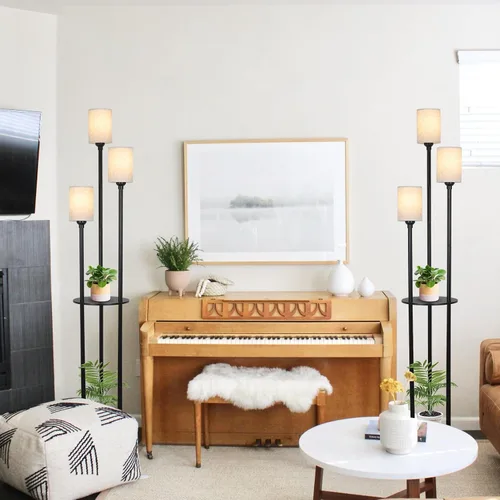 Vista 9 de Lámpara de pie con estantes, lámparas de pie modernas para sala de estar, lámpara de pie de 3 luces con pantalla de lino e interruptor de pie