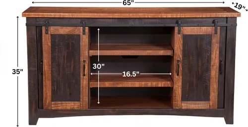 Vista 3 de Martin Svensson Home, mueble para TV Santa Fe de madera maciza, 65", negro antiguo y pino envejecido con aspecto desgastado Solid Pine, TV Stand