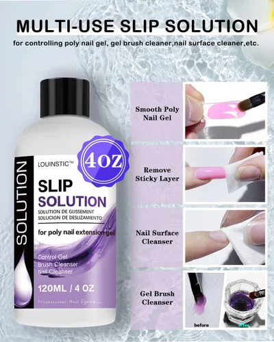 Vista 3 de LOUINSTIC Solución deslizante para uñas de poligel y kit limpiador de pinceles de arte de uñas, solución antideslizante de gel de uñas de poliéster