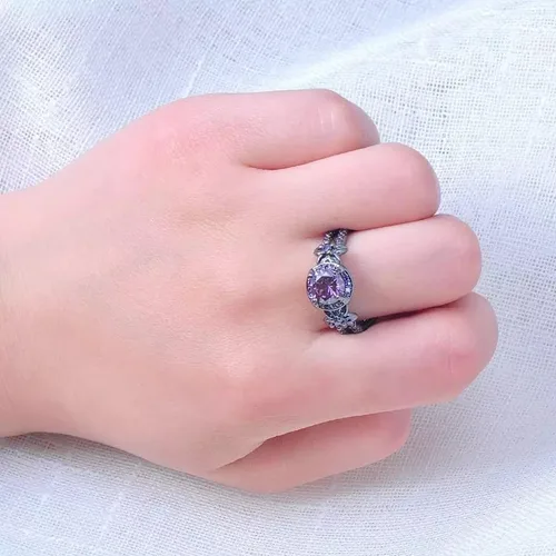 Vista 4 de Anillos negros góticos púrpura rojo cristal circón diamante boda anillo de compromiso tamaño 5-10