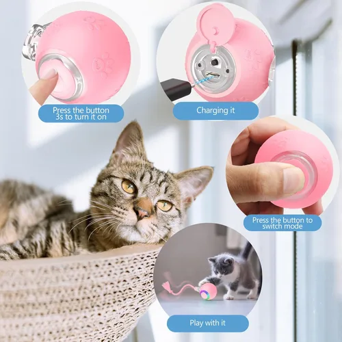Vista 4 de Juguete interactivo rosa para gatos, juguetes para gatos adultos en movimiento automático para gatos adultos aburridos de interior, rodamiento