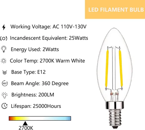 Vista 2 de Sunaiony Bombillas LED para candelabros equivalentes a 25 vatios, bombilla LED B11 de 2 W, base E12 blanca cálida de 2700 K, bombillas Edison