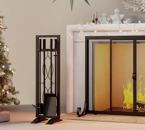 Vista 7 de Fire Beauty Juego de herramientas para chimenea, 5 piezas, accesorios de chimenea, kit de fuego con soporte, herramientas para estufas de leña