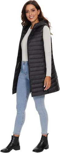 Vista 4 de ELFJOY Chaleco largo con cremallera y capucha para mujer, Blanco