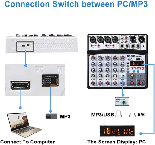 Vista 6 de BOMGE Mezclador de sonido de audio de 6 canales – Consola de mezcla de DJ digital profesional para transmisión en vivo, karaoke y grabación estéreo
