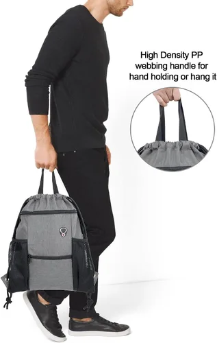 Vista 6 de BeeGreen Mochila con cordón y bolsillos con cremallera y botella de agua de malla para deportes de gimnasio, Gris, Mochilas Daypack