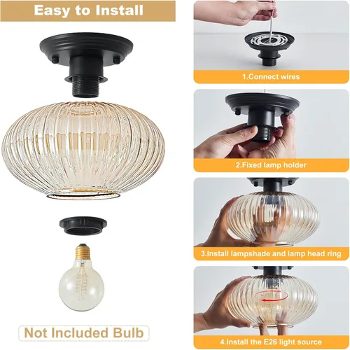 Vista 6 de Lámpara de techo semiempotrada, luces de techo vintage negras para cocina, vidrio a rayas ámbar cerca del techo para sala de estar, pasillo