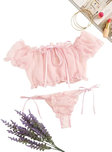 Vista 5 de SheIn Conjunto de lencería de malla Dobby con ribete de volantes para mujer, brasier sexy y braga