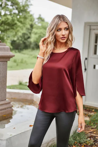 Vista 2 de Women Casual Scoop Neck Loose Top 34 Sleeve Satin Chiffon Blouse Tops