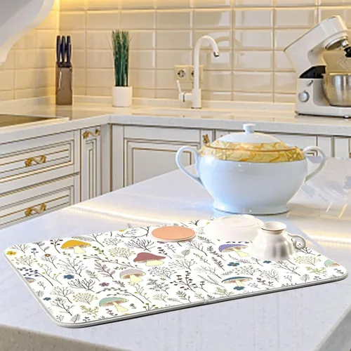Vista 6 de Linda alfombrilla de secado de platos con hongos y plantas silvestres para encimera de cocina, almohadilla absorbente de microfibra, mediana 16x18