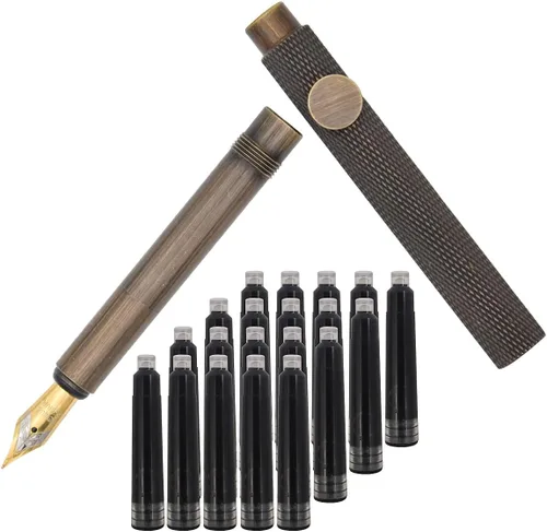 Vista 8 de Bolígrafo de caligrafía de rayas de latón (3.346 in) de bolsillo corto de párrafo mini bolígrafo de viaje con 20 cartuchos de tinta negra Pluma