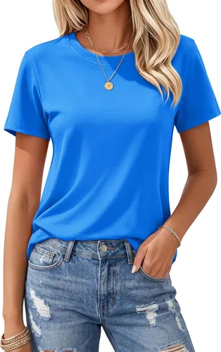 Vista 12 de MAGCOMSEN Camisetas de algodón para mujer de manga corta con cuello redondo, camisetas de ajuste clásico y transpirables de verano a1-Negro