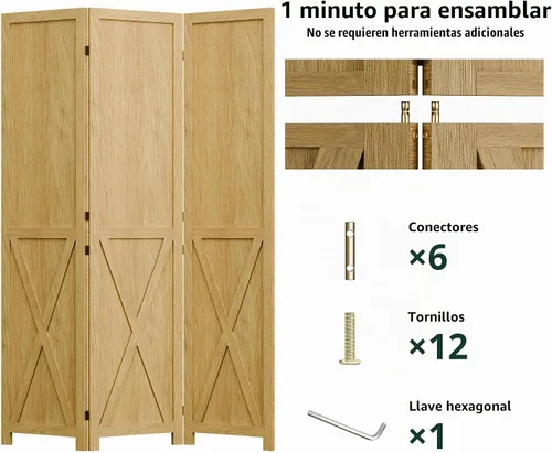 Vista 4 de Cozy Castle Divisor de habitación de madera, 3 paneles de pantalla de privacidad de 66.9 pulgadas, divisor de pared plegable, separador