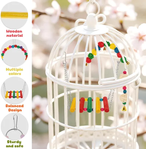 Vista 7 de 13 piezas de juguetes para pájaros de cacatúa, loros de madera, accesorios de jaula de periquitos, columpios de perca para pequeños juguetes