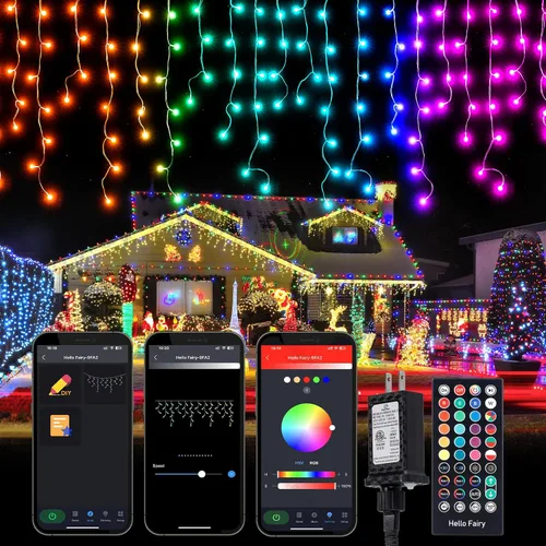 Vista 12 de Luces de Navidad de carámbano para exteriores, 40 pies, 432 LED, impermeables, para exteriores, 8 modos de iluminación, con control remoto