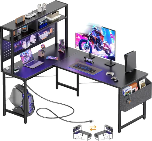 Vista 24 de Mericonia Escritorio para Computadora en Forma de L con Tomas de Corriente, Escritorio de Juegos Reversible con Estantes de Almacenamiento y Soporte