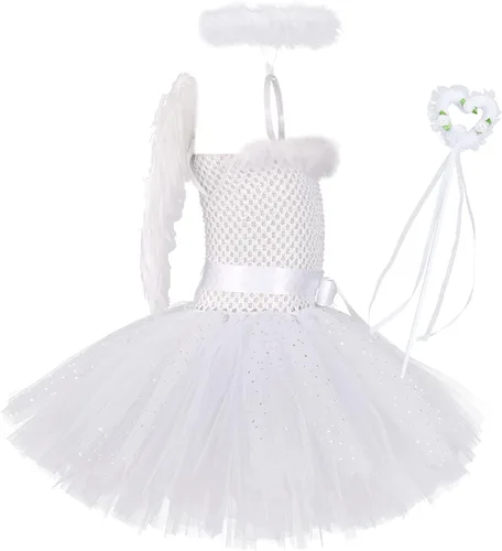 Vista 3 de IMEKIS Disfraces de ángel y diablo para niñas disfraz de Halloween alas con halo de diadema de varita cuerno de diablo horca para cosplay para niños