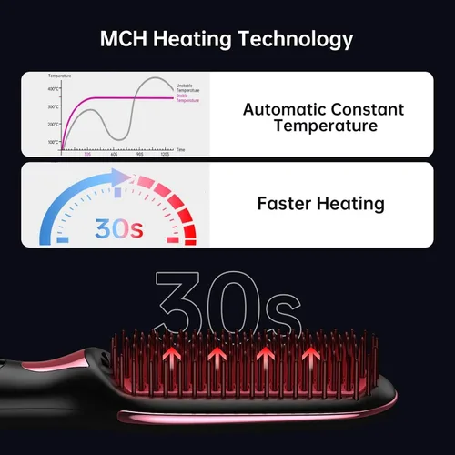 Vista 3 de OMTech Cepillo alisador de pelo, cepillo térmico para mujeres con antiquemaduras, bloqueo automático de temperatura y apagado automático