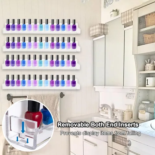 Vista 3 de Paquete de 6 estantes de esmalte de uñas, estante organizador montado en la pared con inserciones de extremo antideslizantes extraíbles, soporte